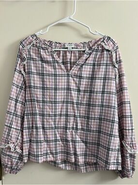 J. Crew Pink and Black Plaid Peasant Top